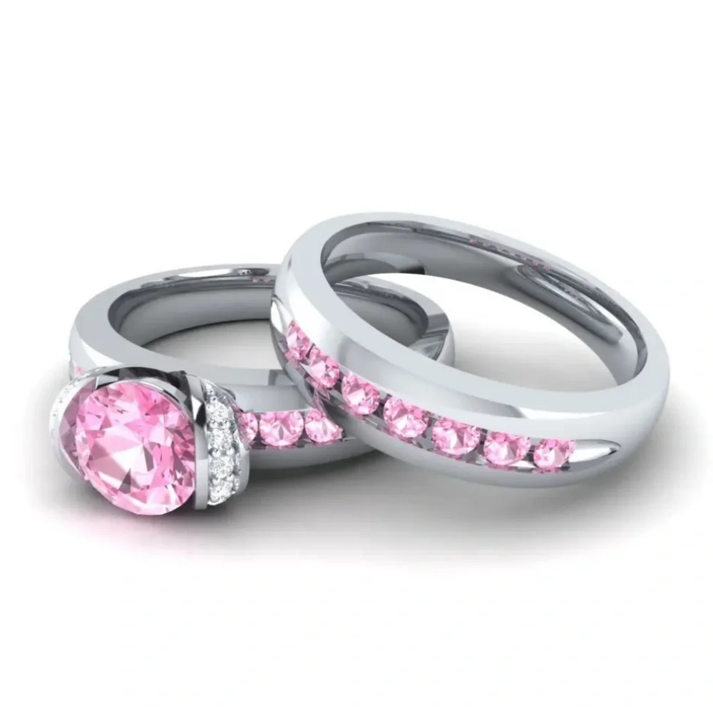 New Sterling Silver Pink & White Sapphires 2pc Ring Set
